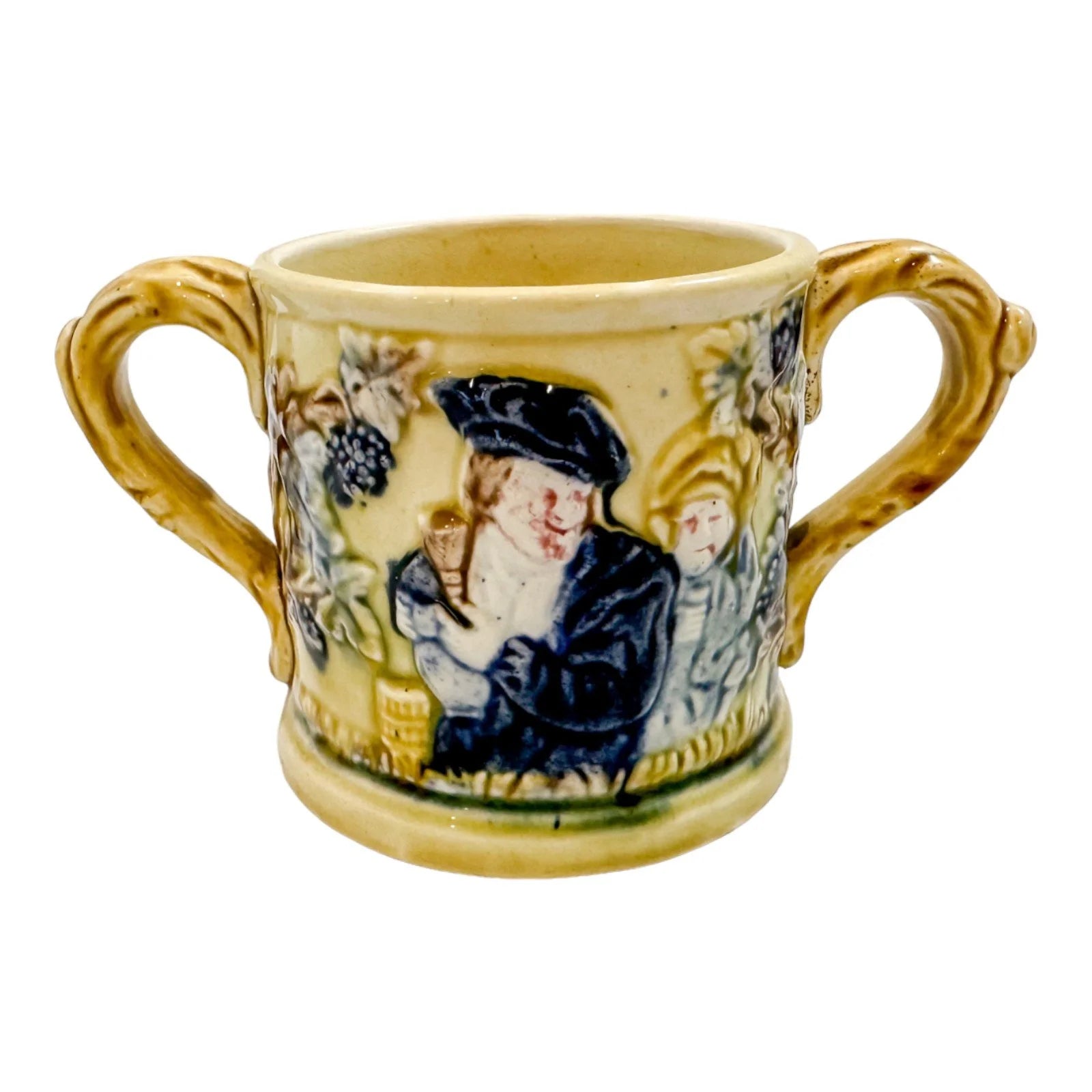 Victorian Sunderland two-handled loving cup, frog mug with "Jolly Topers" design