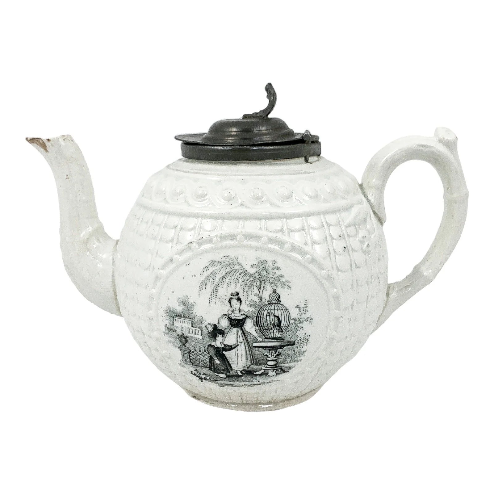1820's Georgian moulded creamware teapot with black transfer print panels of lady with a birdcage
