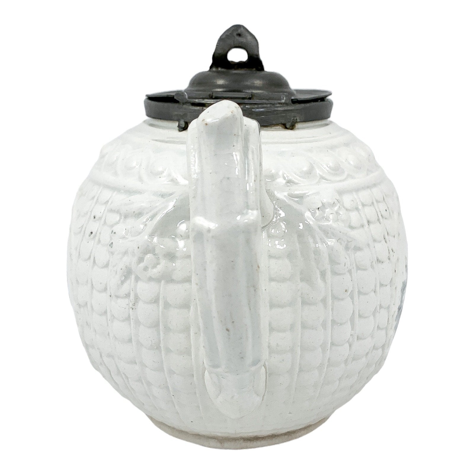 1820's Georgian moulded creamware teapot with black transfer print panels of lady with a birdcage