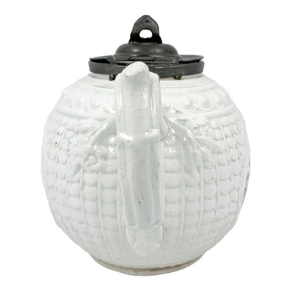 1820's Georgian moulded creamware teapot with black transfer print panels of lady with a birdcage