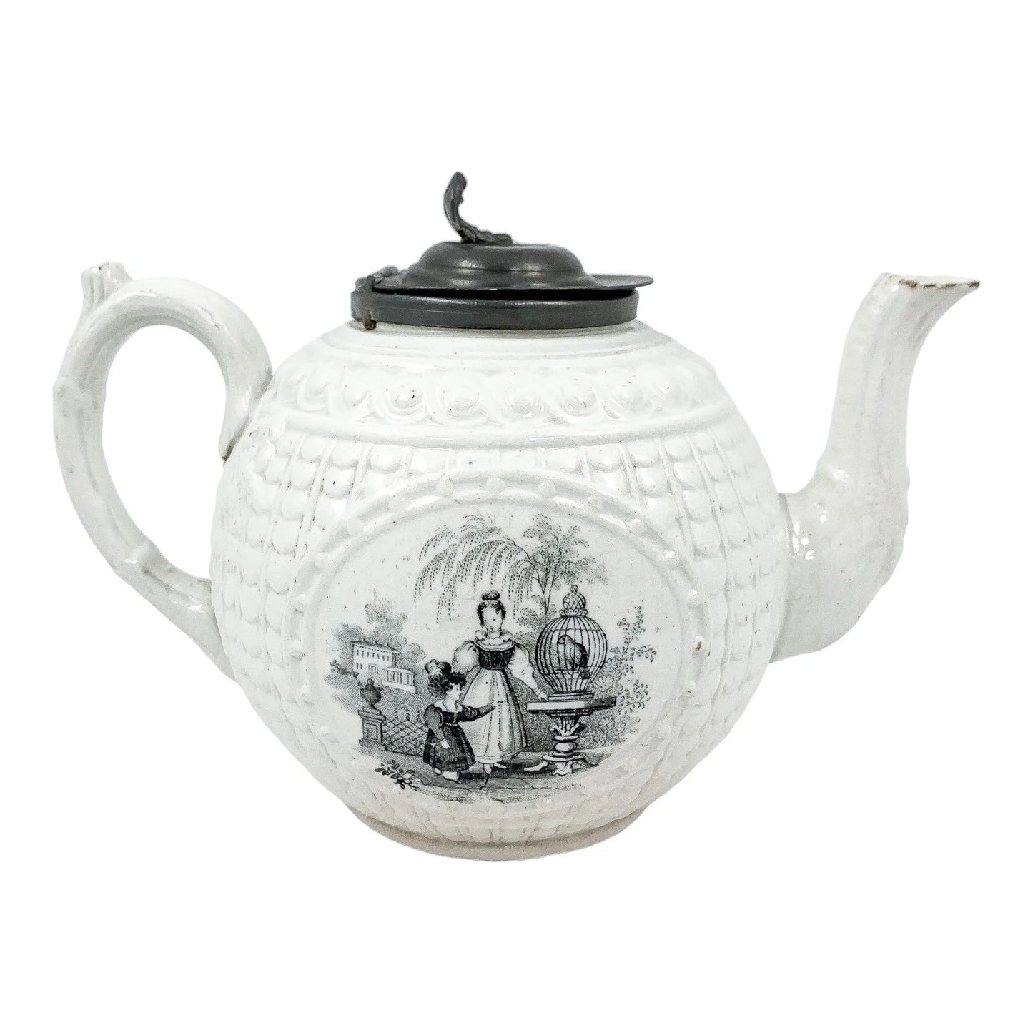 1820's Georgian moulded creamware teapot with black transfer print panels of lady with a birdcage