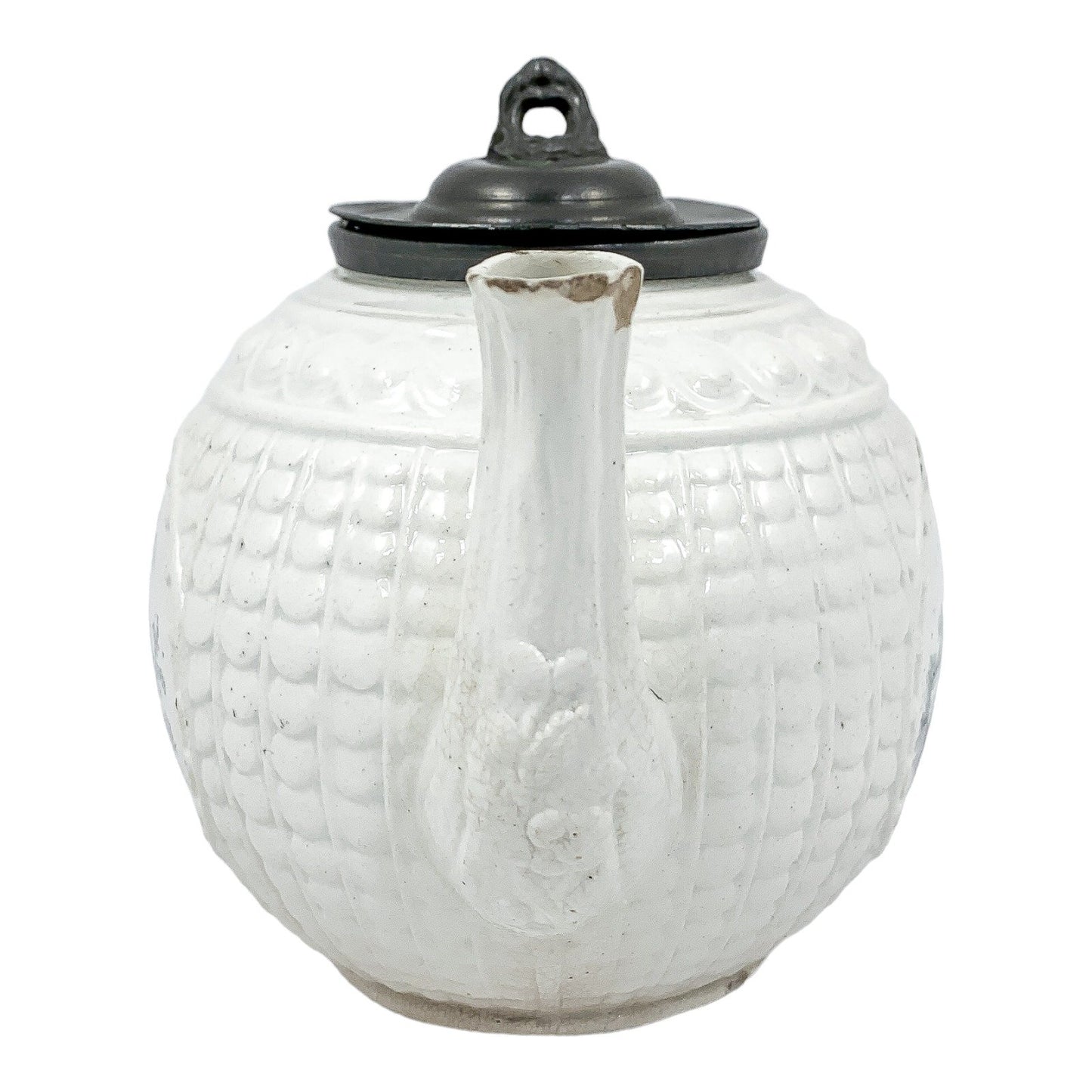 1820's Georgian moulded creamware teapot with black transfer print panels of lady with a birdcage