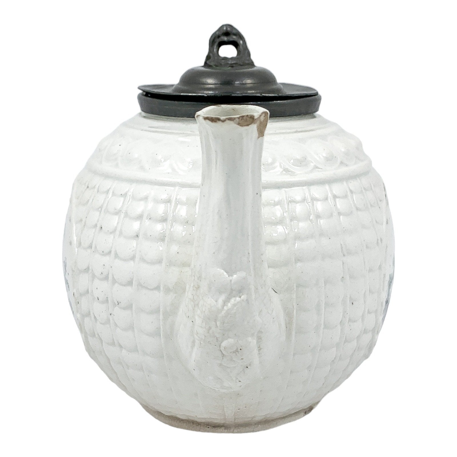 1820's Georgian moulded creamware teapot with black transfer print panels of lady with a birdcage
