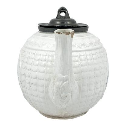 1820's Georgian moulded creamware teapot with black transfer print panels of lady with a birdcage