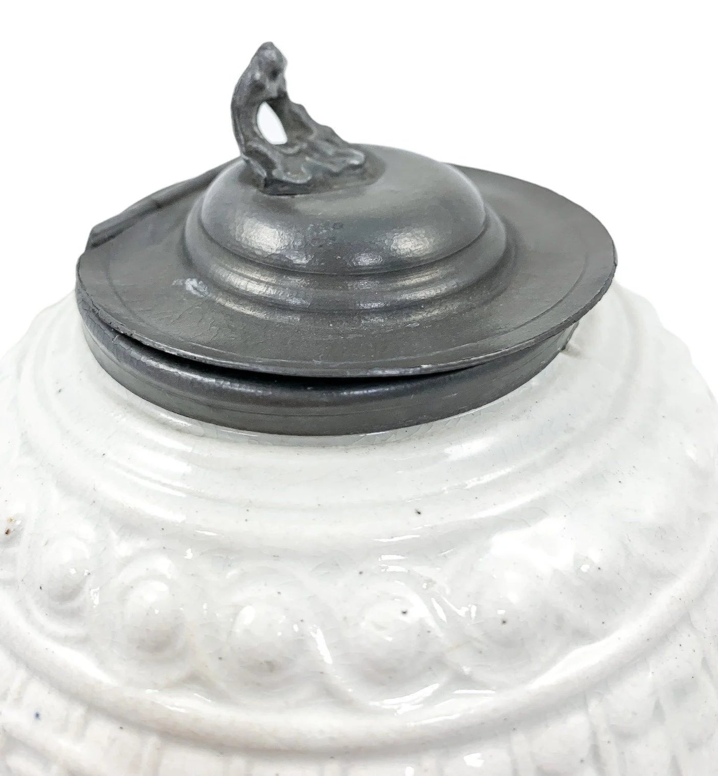 1820's Georgian moulded creamware teapot with black transfer print panels of lady with a birdcage