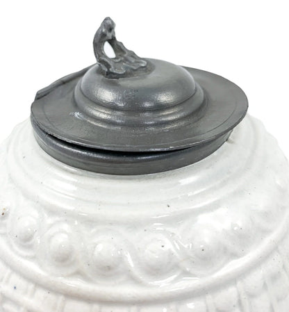 1820's Georgian moulded creamware teapot with black transfer print panels of lady with a birdcage