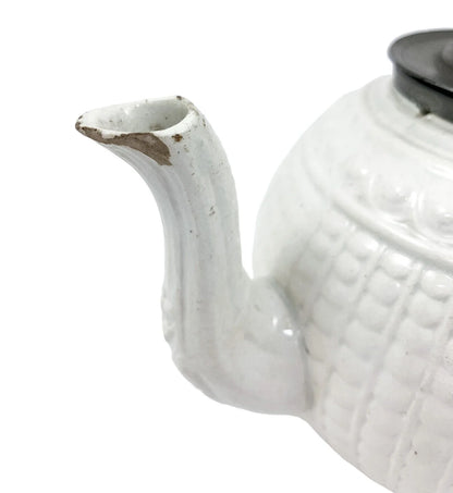1820's Georgian moulded creamware teapot with black transfer print panels of lady with a birdcage