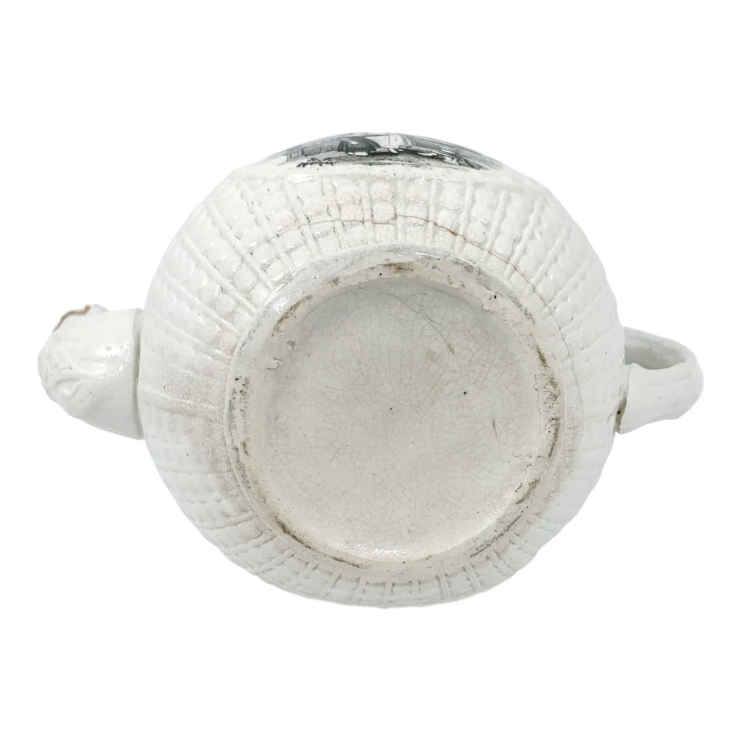 1820's Georgian moulded creamware teapot with black transfer print panels of lady with a birdcage