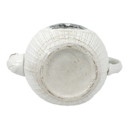 1820's Georgian moulded creamware teapot with black transfer print panels of lady with a birdcage