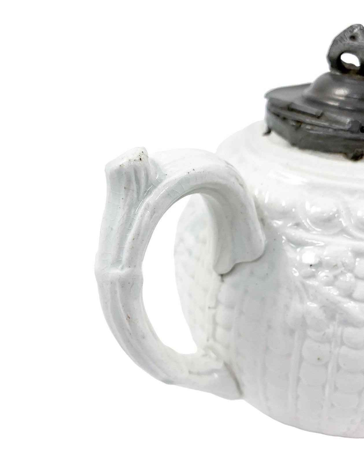1820's Georgian moulded creamware teapot with black transfer print panels of lady with a birdcage