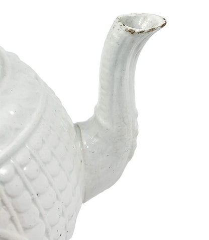 1820's Georgian moulded creamware teapot with black transfer print panels of lady with a birdcage