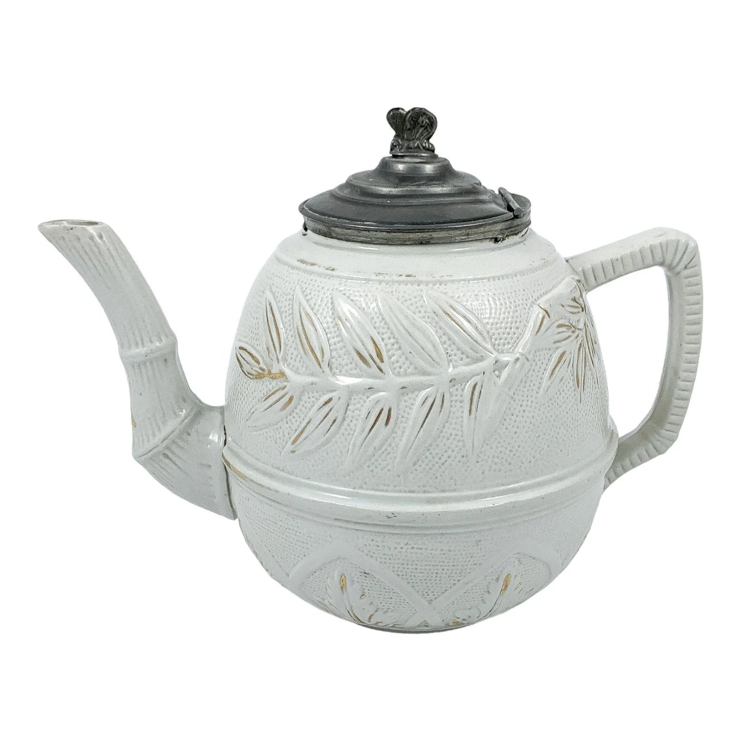 1870’s Arts & Crafts Staffordshire salt glazed stoneware gilded bamboo relief teapot with butterfly finial to pewter lid