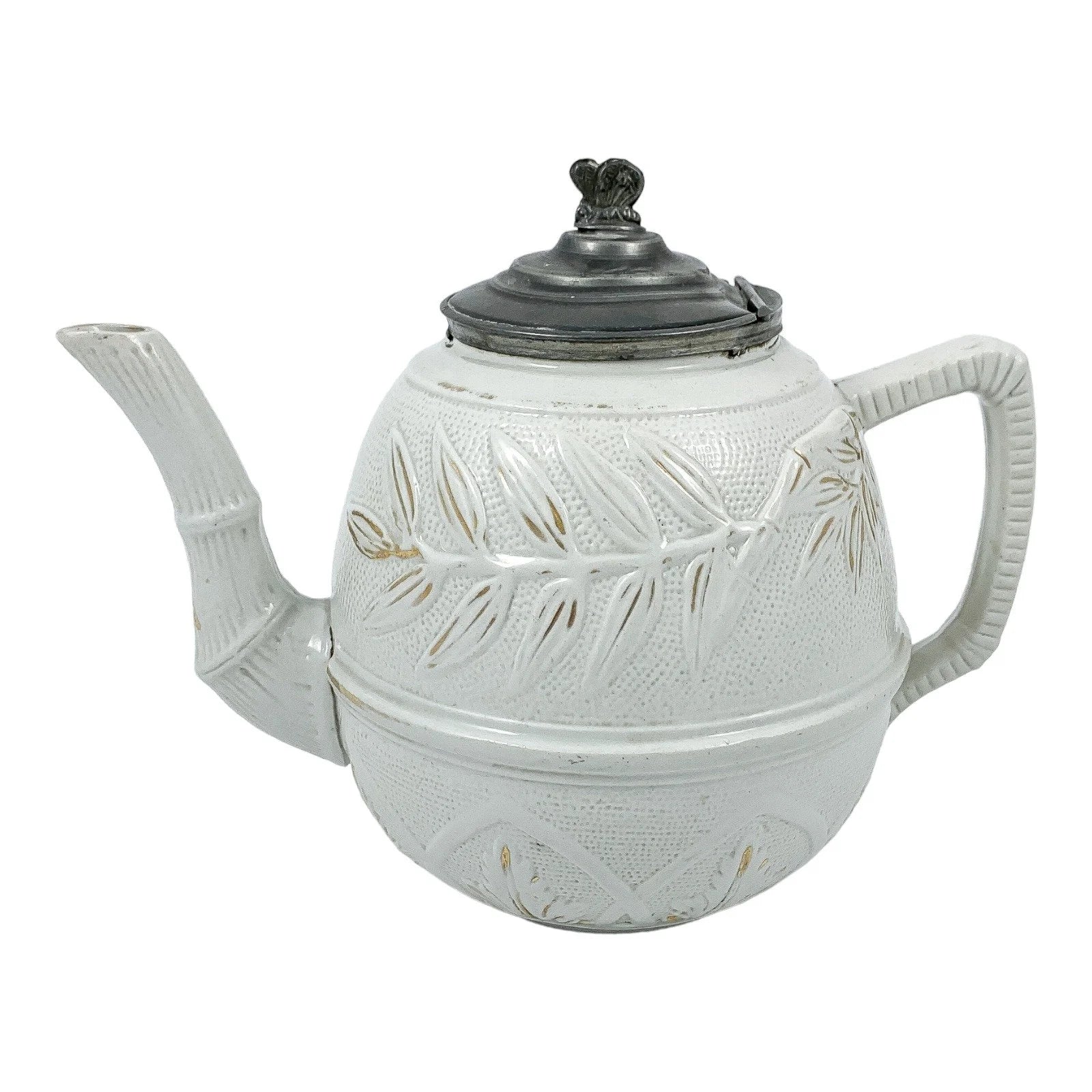 1870’s Arts & Crafts Staffordshire salt glazed stoneware gilded bamboo relief teapot with butterfly finial to pewter lid