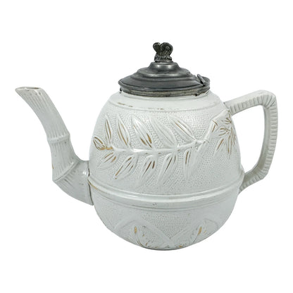 1870’s Arts & Crafts Staffordshire salt glazed stoneware gilded bamboo relief teapot with butterfly finial to pewter lid
