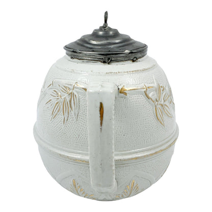 1870’s Arts & Crafts Staffordshire salt glazed stoneware gilded bamboo relief teapot with butterfly finial to pewter lid