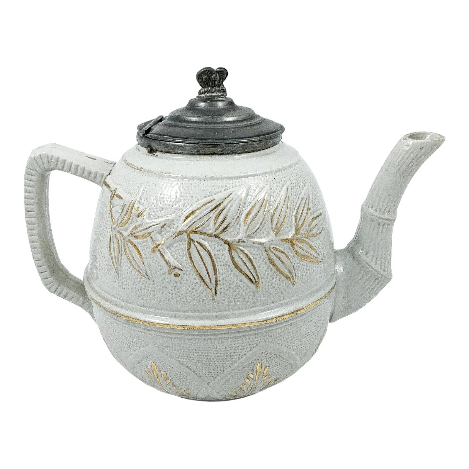 1870’s Arts & Crafts Staffordshire salt glazed stoneware gilded bamboo relief teapot with butterfly finial to pewter lid