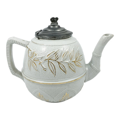 1870’s Arts & Crafts Staffordshire salt glazed stoneware gilded bamboo relief teapot with butterfly finial to pewter lid