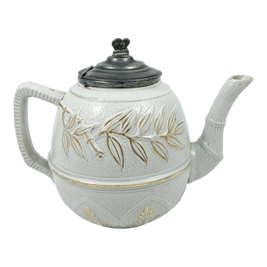 1870’s Arts & Crafts Staffordshire salt glazed stoneware gilded bamboo relief teapot with butterfly finial to pewter lid