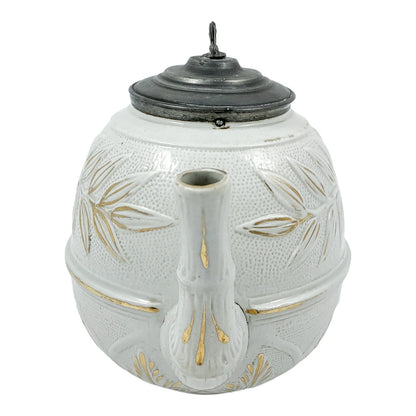 1870’s Arts & Crafts Staffordshire salt glazed stoneware gilded bamboo relief teapot with butterfly finial to pewter lid