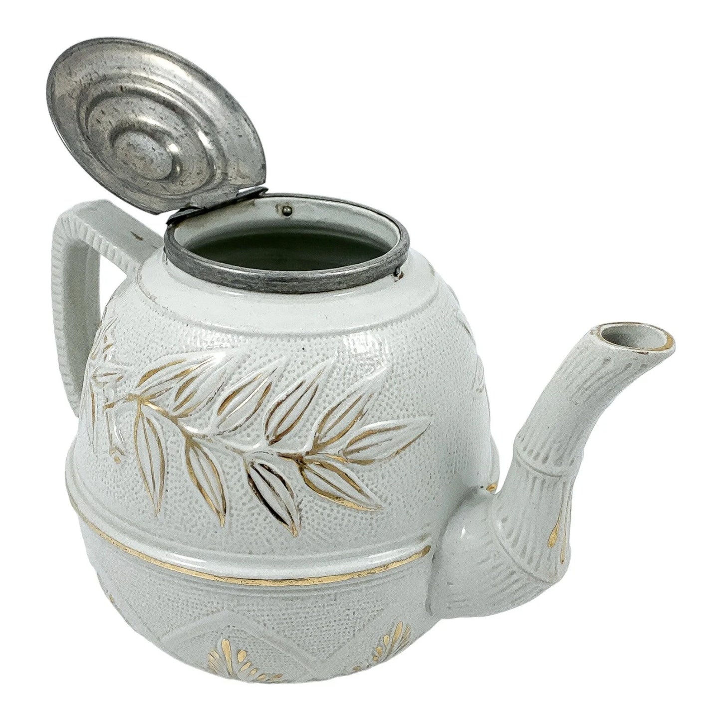 1870’s Arts & Crafts Staffordshire salt glazed stoneware gilded bamboo relief teapot with butterfly finial to pewter lid
