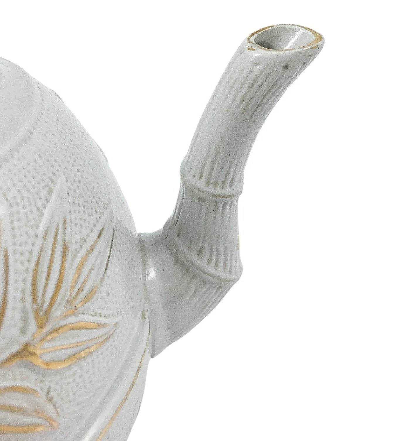 1870’s Arts & Crafts Staffordshire salt glazed stoneware gilded bamboo relief teapot with butterfly finial to pewter lid