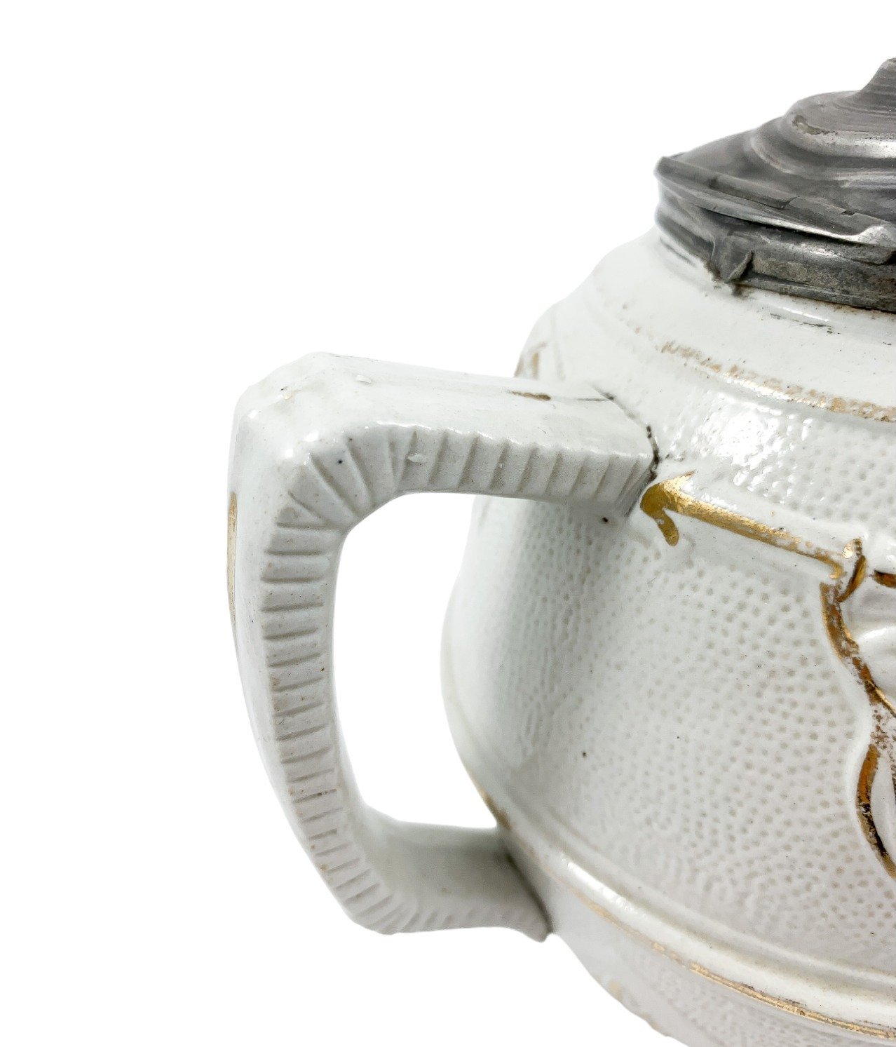 1870’s Arts & Crafts Staffordshire salt glazed stoneware gilded bamboo relief teapot with butterfly finial to pewter lid