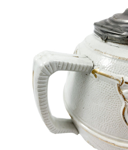 1870’s Arts & Crafts Staffordshire salt glazed stoneware gilded bamboo relief teapot with butterfly finial to pewter lid