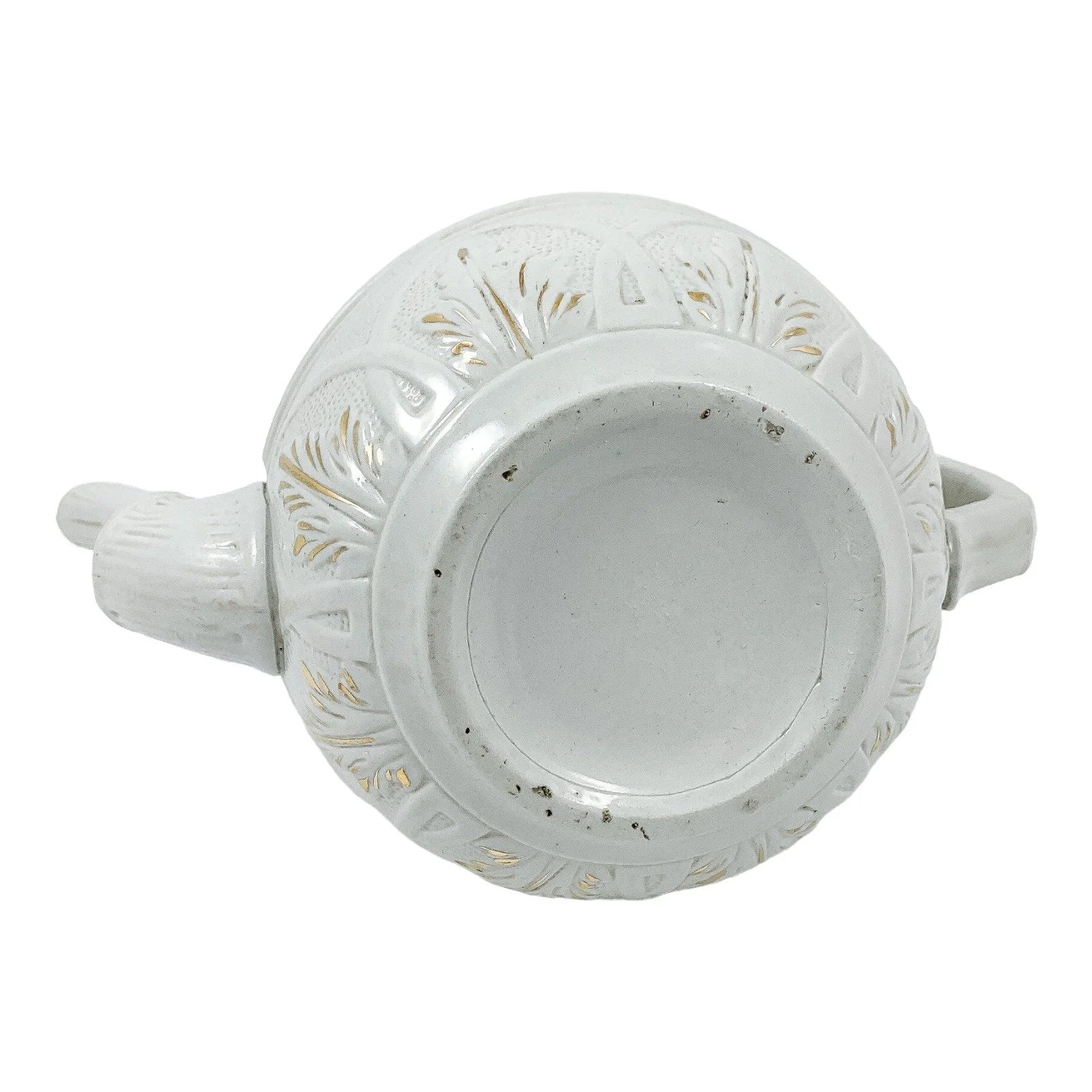 1870’s Arts & Crafts Staffordshire salt glazed stoneware gilded bamboo relief teapot with butterfly finial to pewter lid