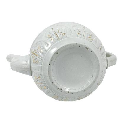 1870’s Arts & Crafts Staffordshire salt glazed stoneware gilded bamboo relief teapot with butterfly finial to pewter lid