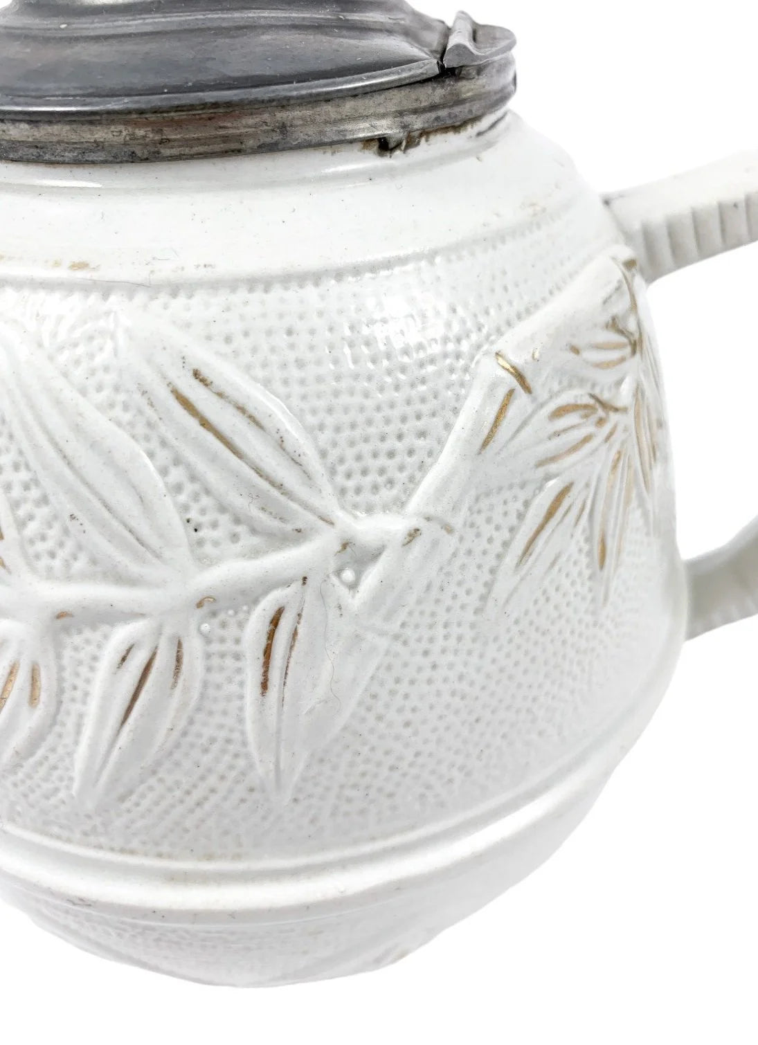 1870’s Arts & Crafts Staffordshire salt glazed stoneware gilded bamboo relief teapot with butterfly finial to pewter lid