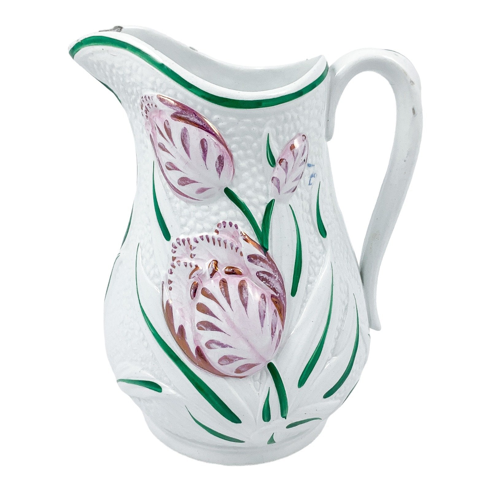 Victorian Staffordshire pottery lustreware moulded Tulip jug, after James Dudson