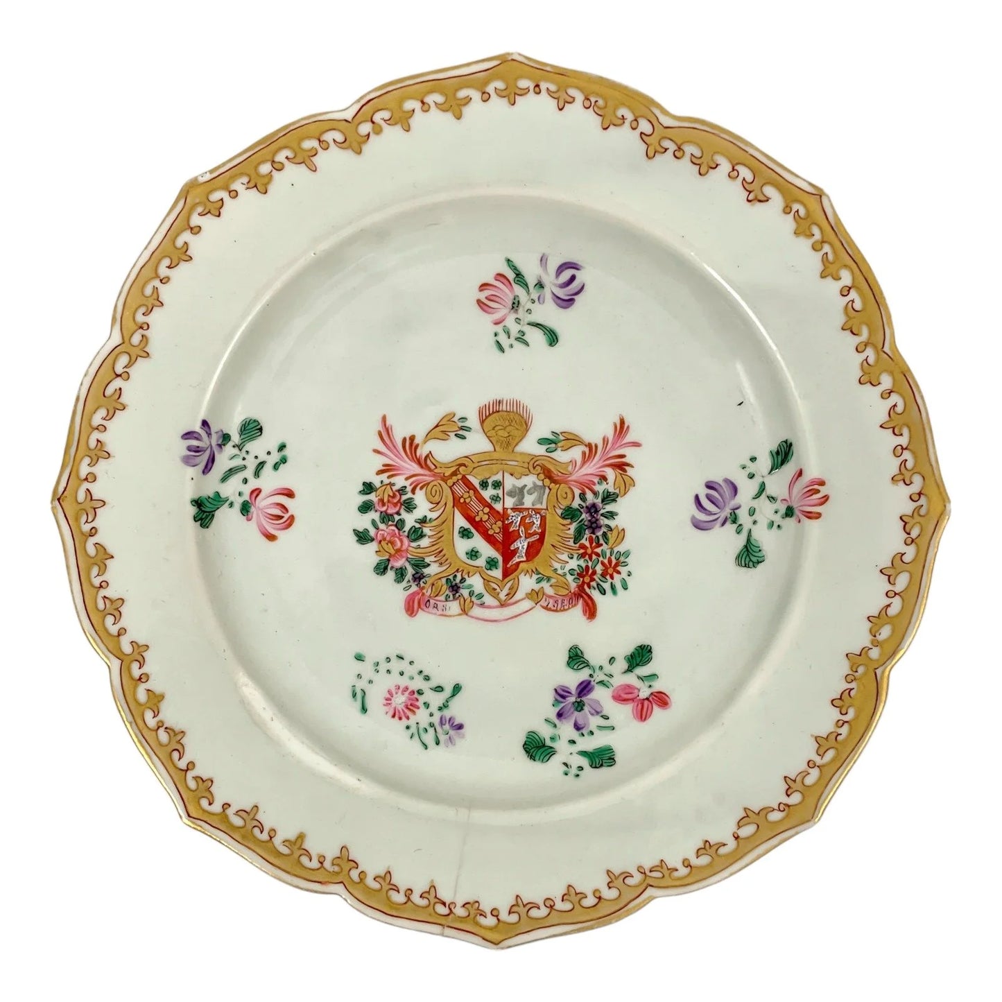 1750's porcelain Chinese export armorial plate with deer/dogs coat of arms