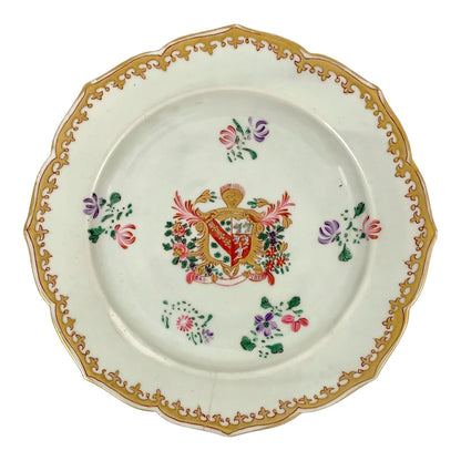 1750's porcelain Chinese export armorial plate with deer/dogs coat of arms