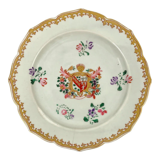 1750's porcelain Chinese export armorial plate with deer/dogs coat of arms