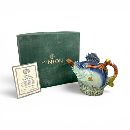Minton novelty majolica fish teapot, boxed with certificate