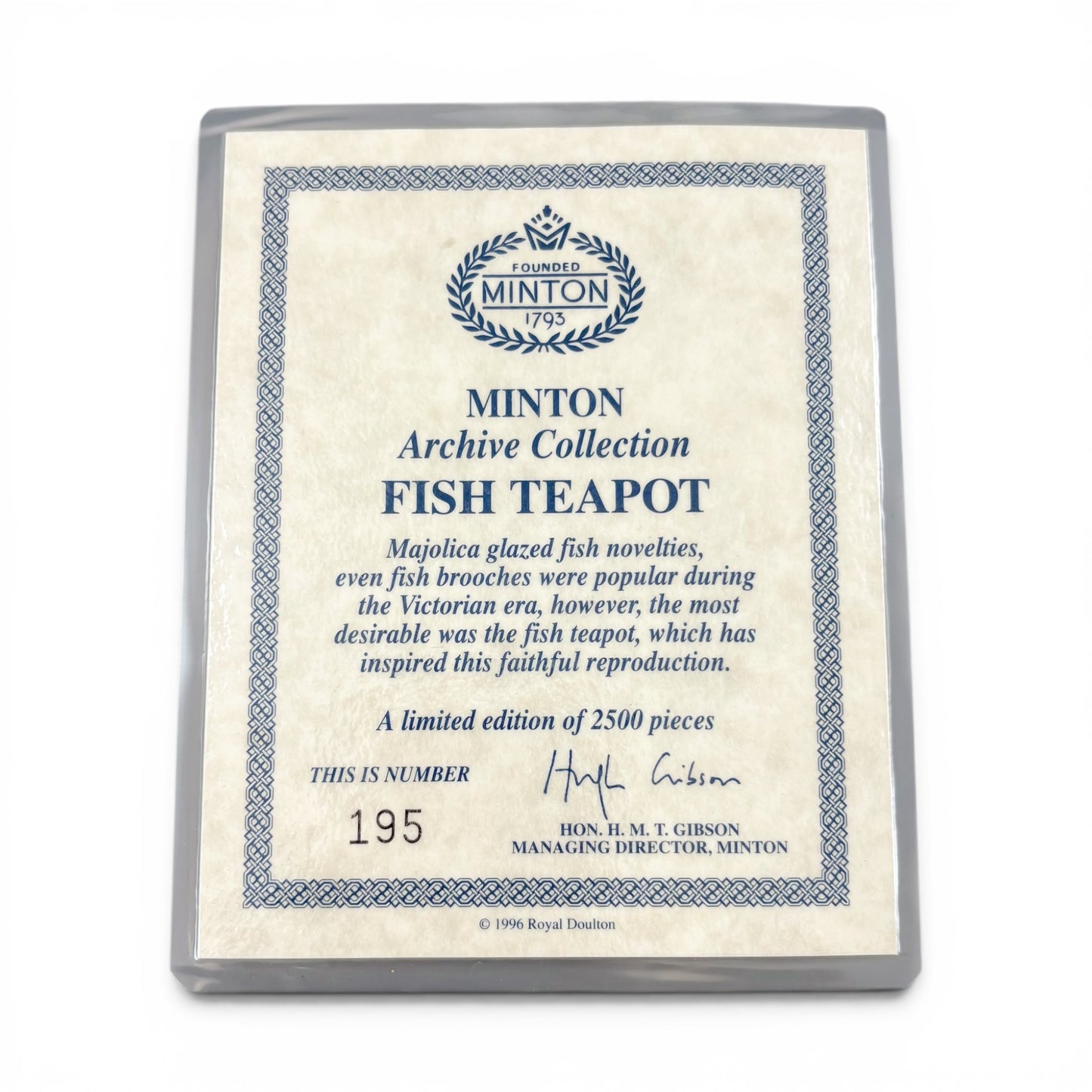 Minton novelty majolica fish teapot, boxed with certificate