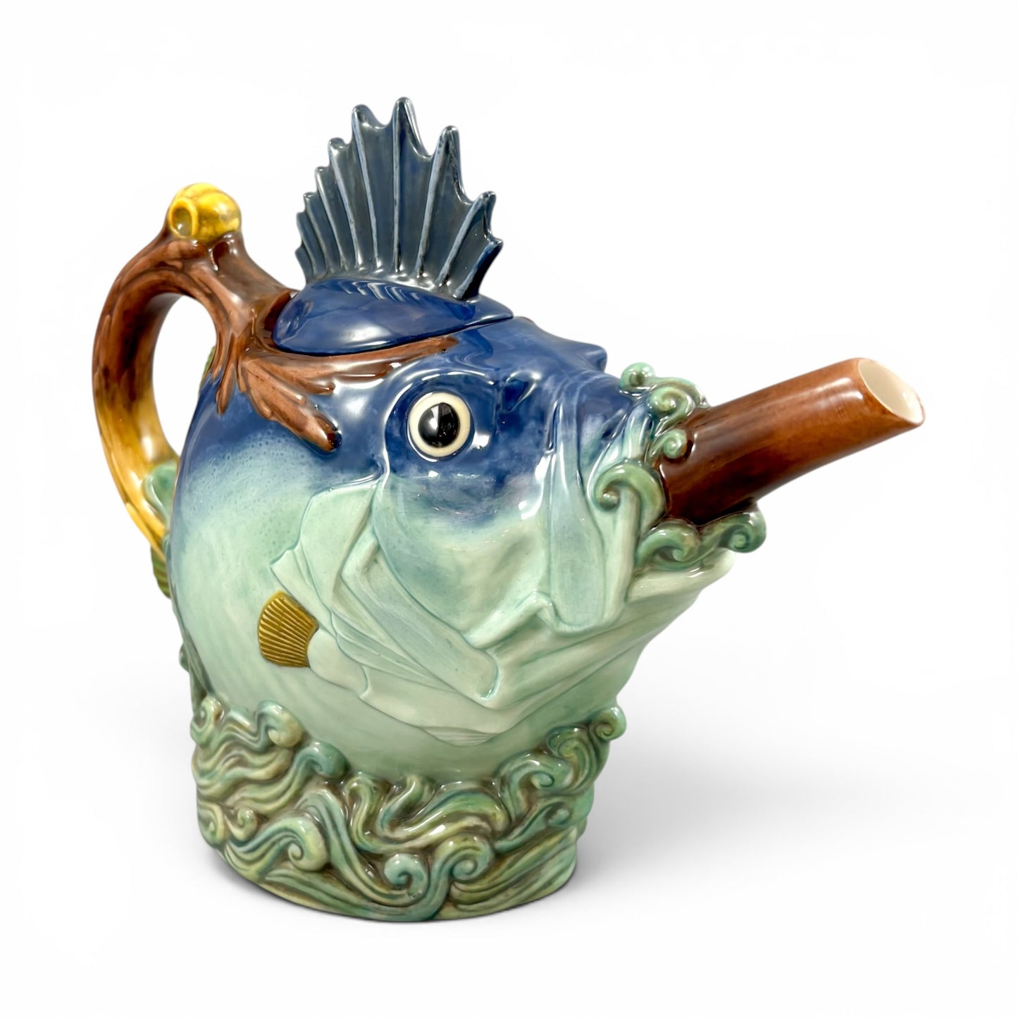 Minton novelty majolica fish teapot, boxed with certificate