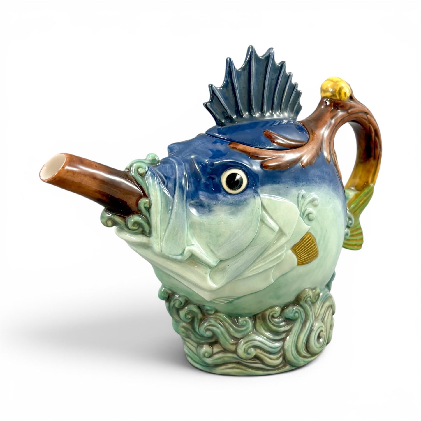 Minton novelty majolica fish teapot, boxed with certificate