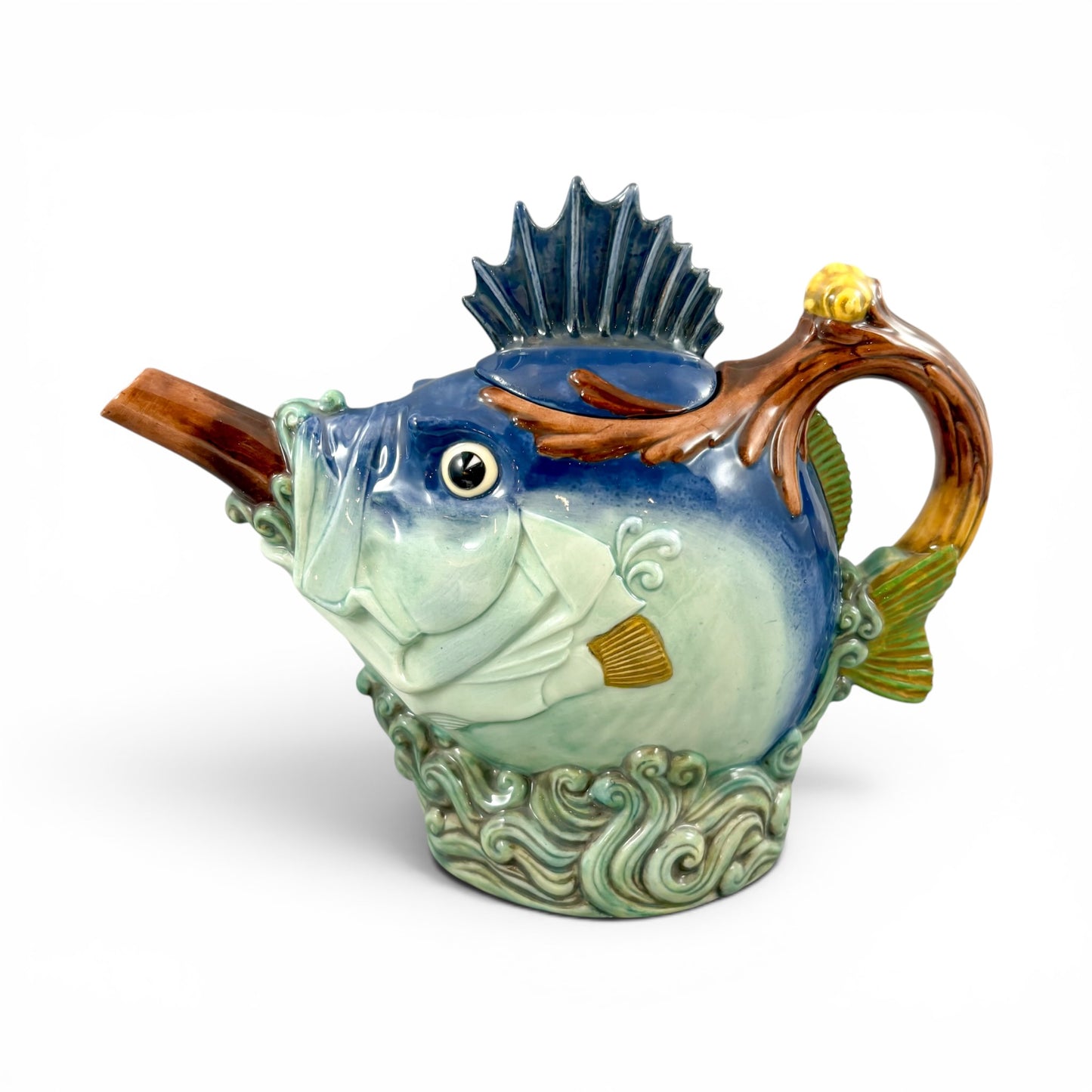 Minton novelty majolica fish teapot, boxed with certificate