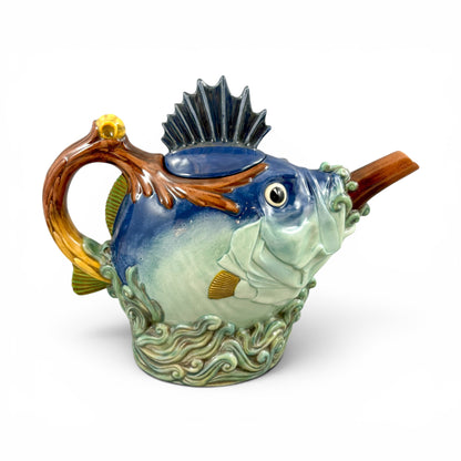 Minton novelty majolica fish teapot, boxed with certificate