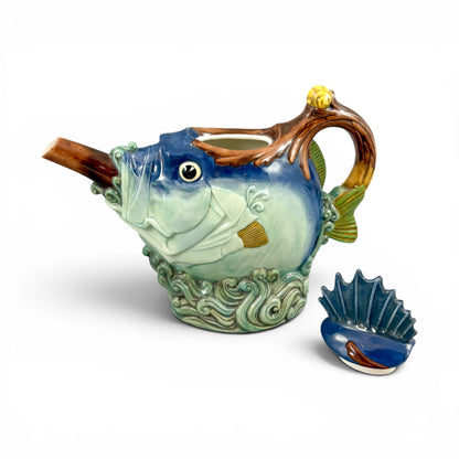 Minton novelty majolica fish teapot, boxed with certificate
