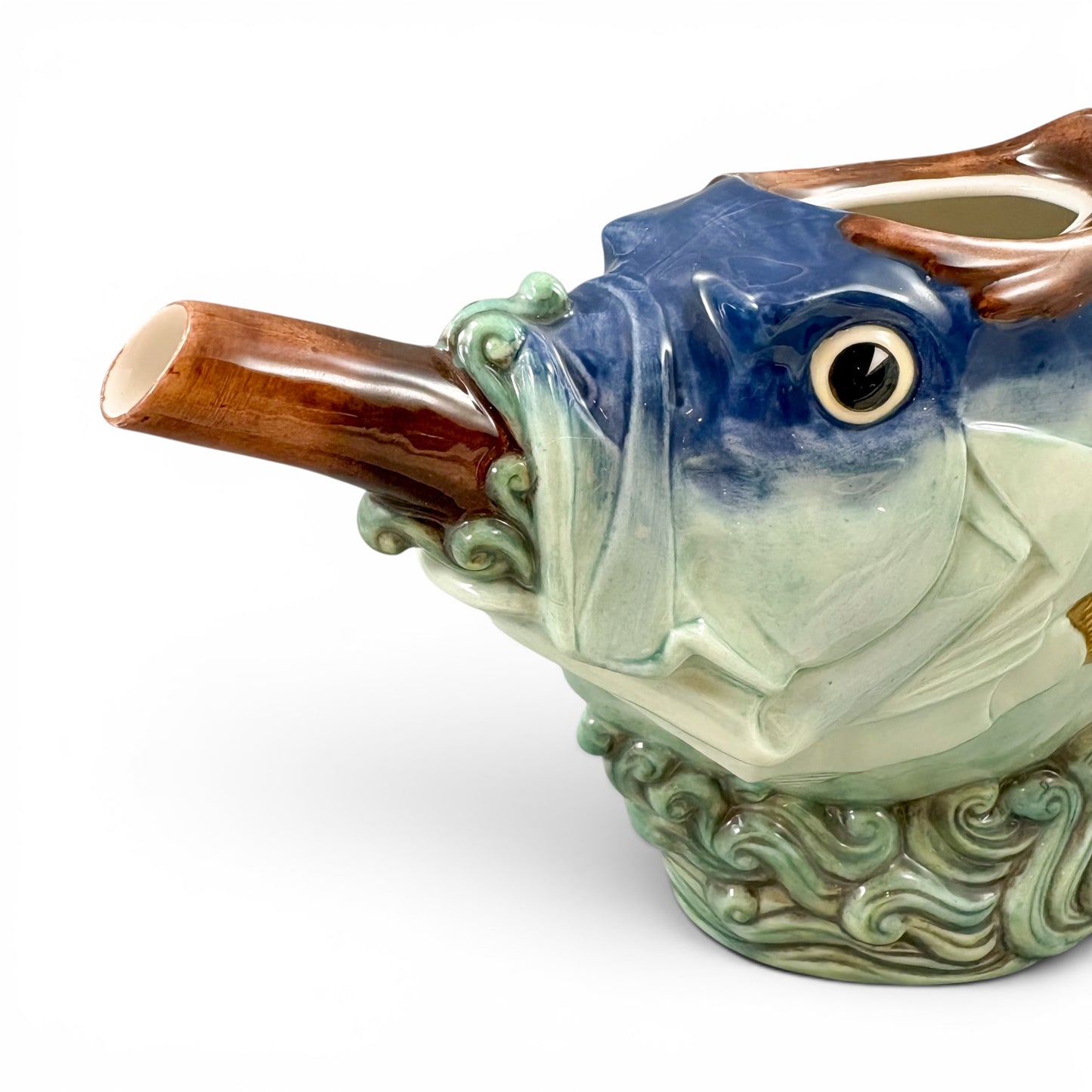 Minton novelty majolica fish teapot, boxed with certificate