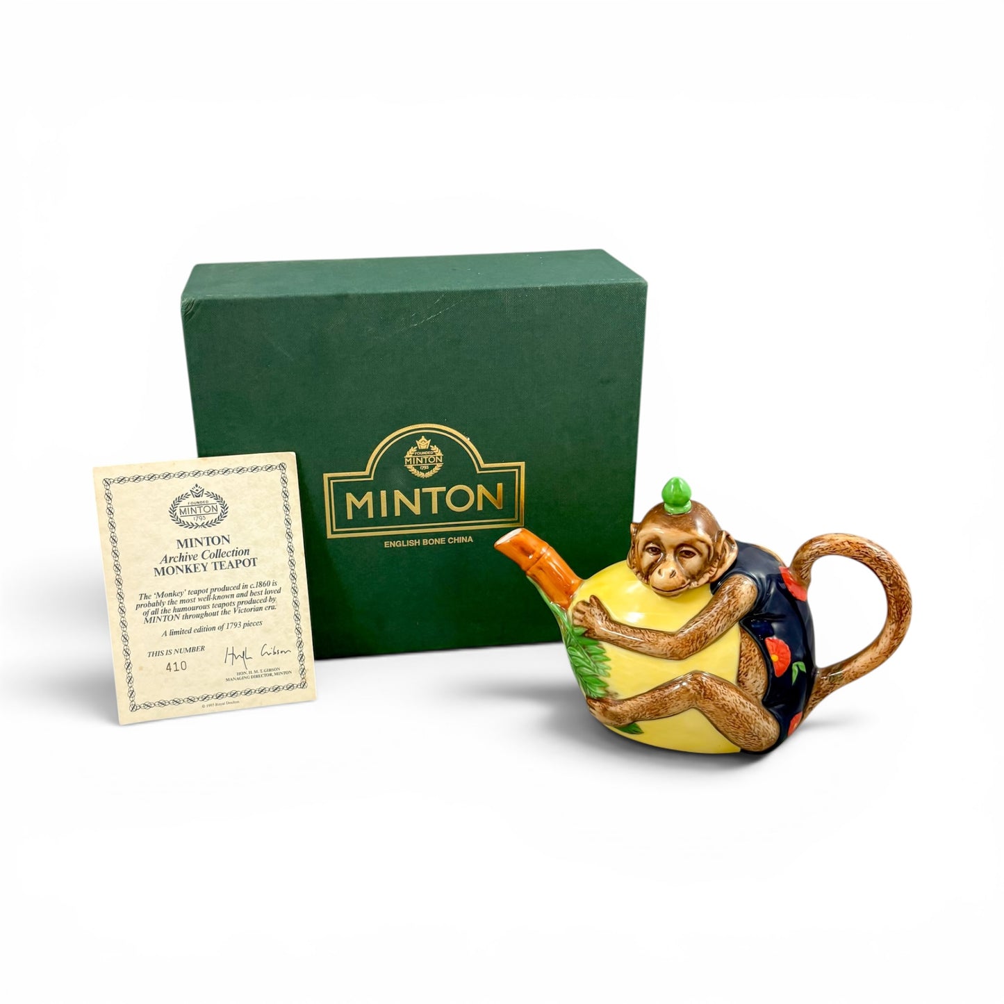 Minton bone china monkey teapot, boxed with certificate