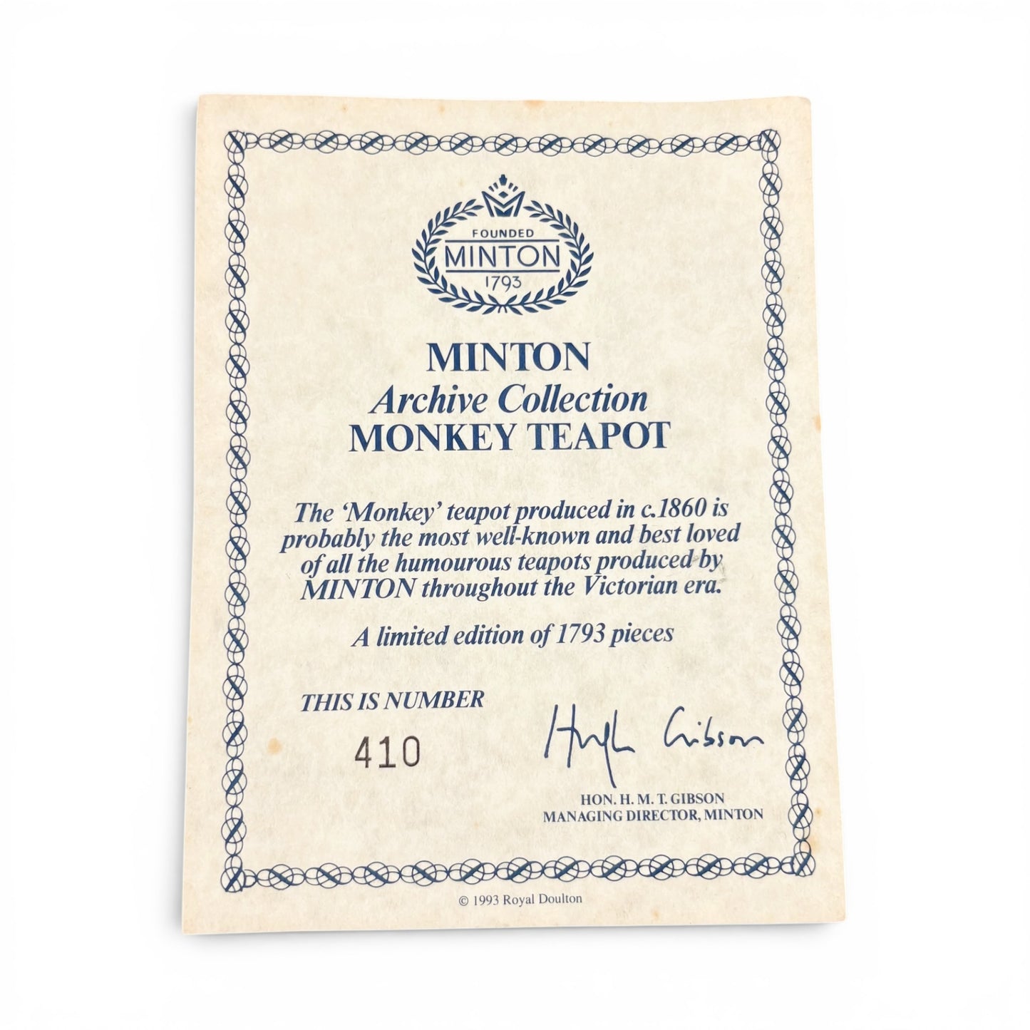 Minton bone china monkey teapot, boxed with certificate