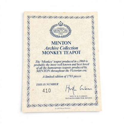 Minton bone china monkey teapot, boxed with certificate