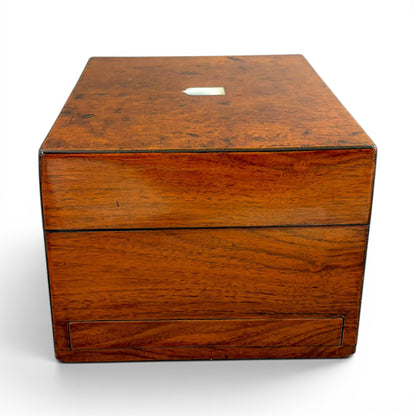 Victorian burr walnut fitted vanity box with secret mirror and drawer
