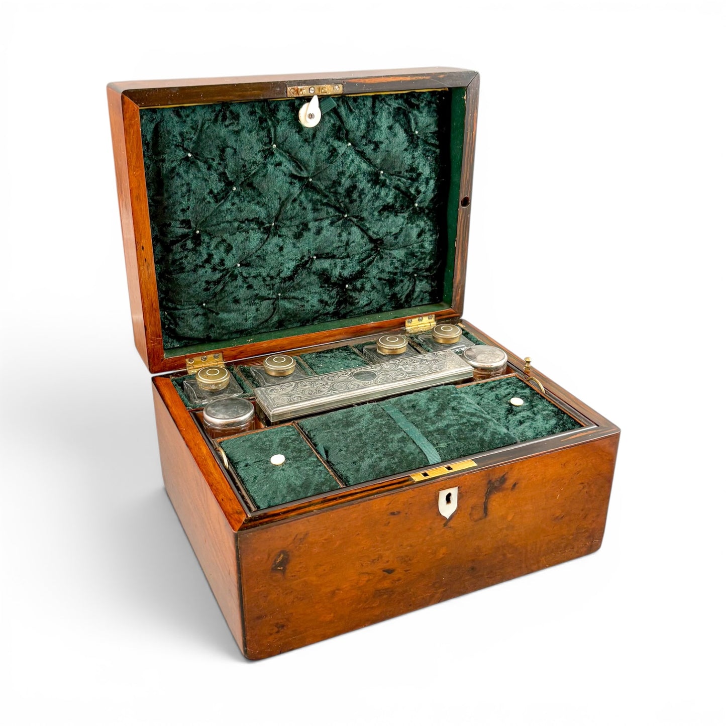Victorian burr walnut fitted vanity box with secret mirror and drawer