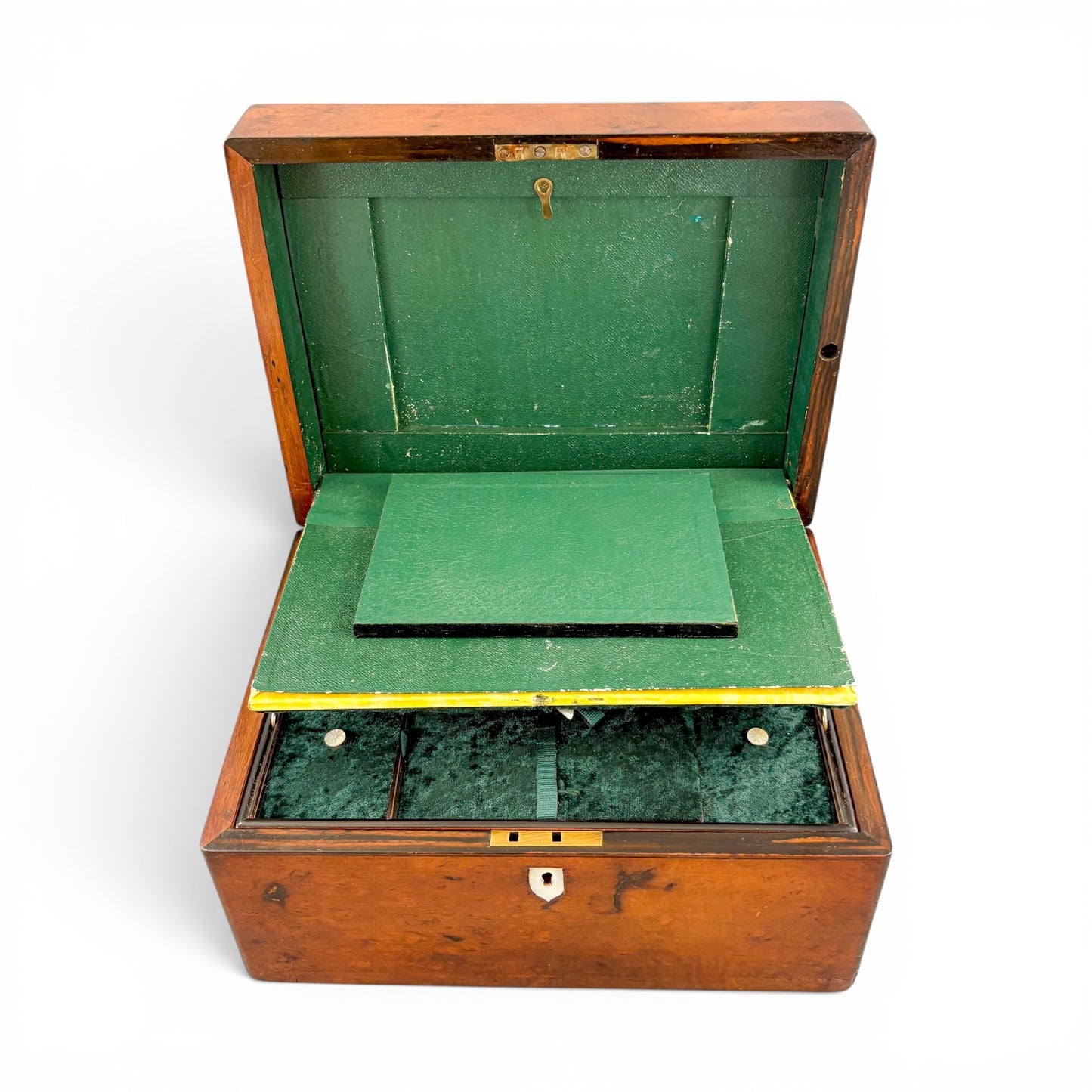 Victorian burr walnut fitted vanity box with secret mirror and drawer