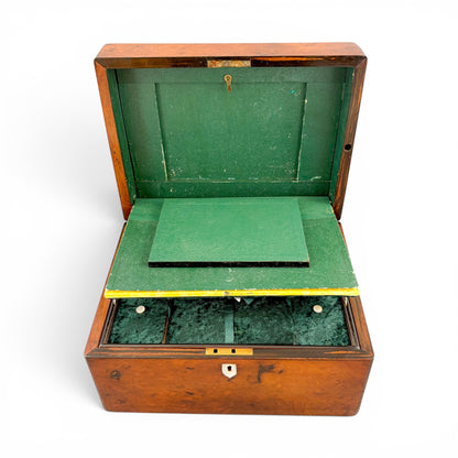 Victorian burr walnut fitted vanity box with secret mirror and drawer