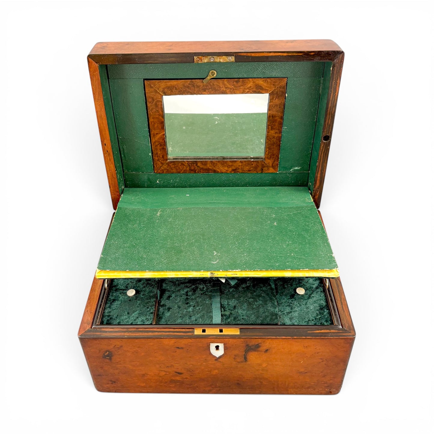 Victorian burr walnut fitted vanity box with secret mirror and drawer